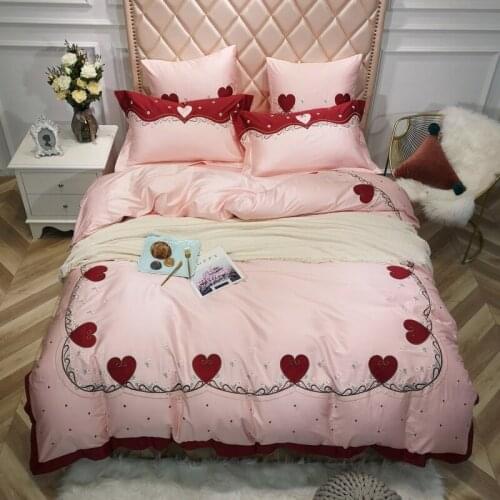 Blue egyptian cotton Bedding Sets Soft duvet Cover embroidery Bed Set red heart bedlinen pillowcase King size Queen size 4pcs