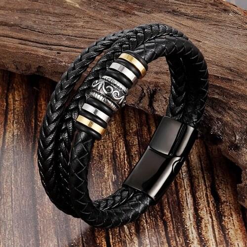 LAMEMDE New 3Layers Punk Style Design Genuine Leather Bracelet for Men Steel Magnetic Button Birthday Gift Male Bracelets
