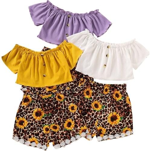 New 2 Pcs Toddler Summer Outfits Girls Off-shoulder Solid Boat Neck Short Sleeve T-shirt + Sunflower & Leopard Print Shorts