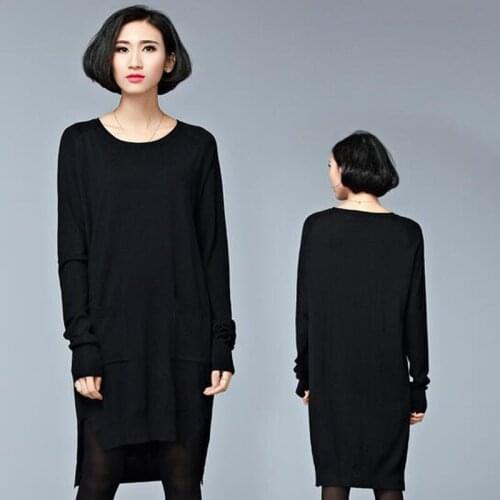 The new Women Bottoming dress long section loose knit sweater comfortable fashion double pocket big yards slim JQ1257
