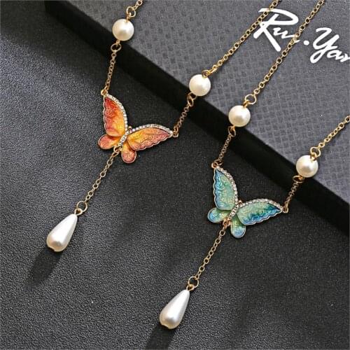 Trendy Butterfly Animal Pendant Necklace Simulation Pearl Long Tassel Collar Choker for Women Party Travel Jewelry Gifts