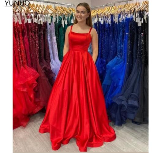 YUNUO Robe Satin Sleeveless Prom Dresses Long Elegant A Line Formal Evening Dresses For Wedding Robe De Soirée With Pockets