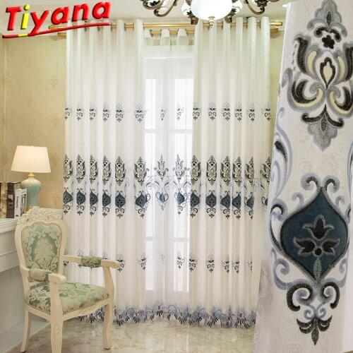 Luxury European Blue Embroidered Curtains for Living Room Modern Shading Pure White Window Drapes for Bedroom X-ZH232 #VT