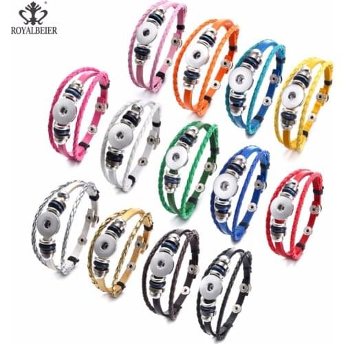 ROYALBEIER Snap Button Bracelet Bangle Snap Leather Bracelet Retro Handmade Braided Women Leather Bracelet fit 18MM Snap Buttons
