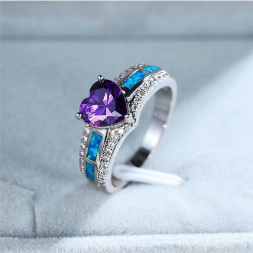 Cute Female Purple Love Heart Ring Trendy Silver Color Wedding Rings For Women Vintage Crystal Opal Big Engagement Ring