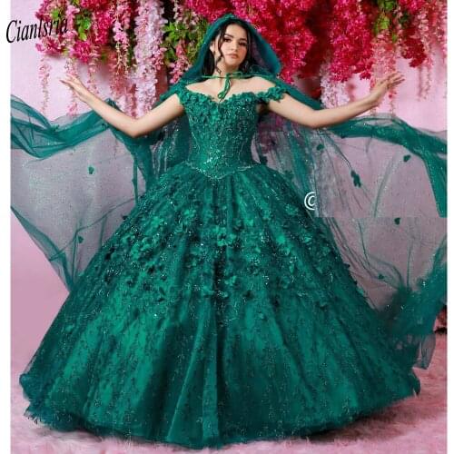 Dark Green Beading Handmade Flowers Ball Gown Quinceanera Dresses With Cloak Off The Shoulder Sweet 16 Dress Vestido De 15 Anos