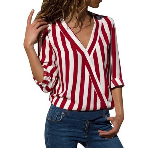 2020 spring summer women shirt sexy deep V neck striped chiffon long sleeved shirt fashion casual Large size blouse Women shirts