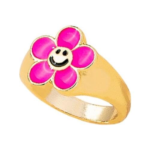Y2K Jewelry Pink Flower Smiley Rings For Women Metal Vintage Harajuku Punk Cute INS Rings Charms 90s Aesthetic New Git Wholesale