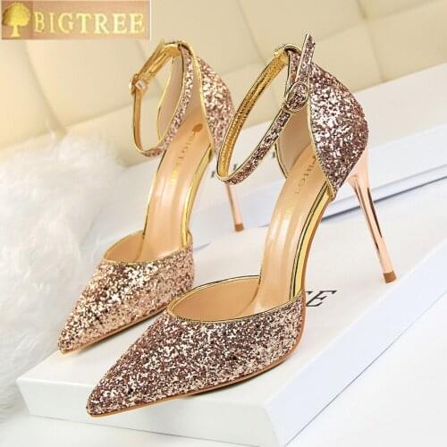 2018 Women Fashion Buckle Solid Sequined Cloth Shallow High Heels Shoes Pointed Toe Thin Heels Womens Sandals Sexy Party Shoes