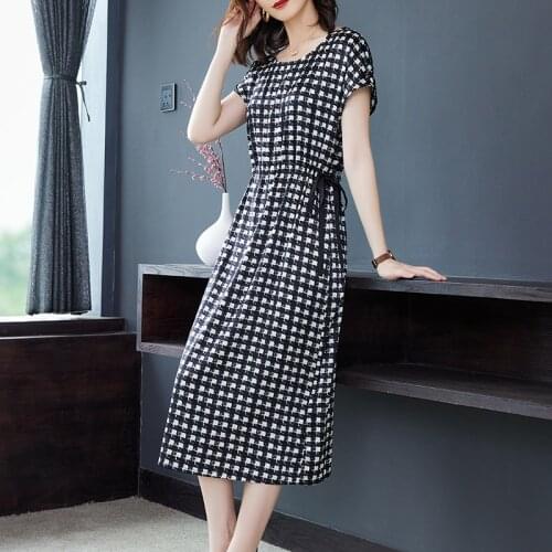 Plover case silk dress is long in the female amoi han edition printed black and white case mulberry silk dress with short sleeve