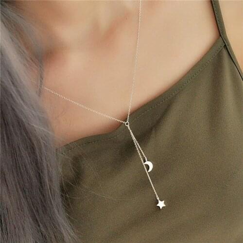 925 Sterling Plated Moon And Star CZ Lariat Y Necklace Women Wedding Party Bridal Dainty Jewelry Gifts For Her