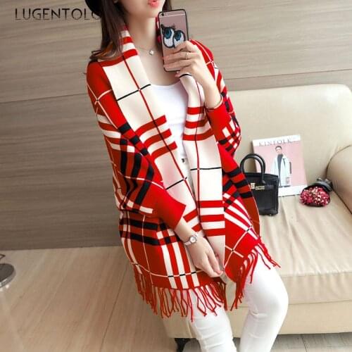 Womens Ponchos Knitted Plaid Printed Cardigan Bat Sleeve Fringed Autumn Winter Casual Fashion New Women Cape Lugentolo