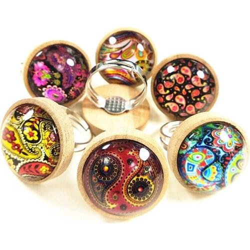 24pcs/lot Wood Cabochon Ring Base with Cashew Flowers Photo Glass Cabochon the Ethnic Style of Restoring the Ancient Style ring