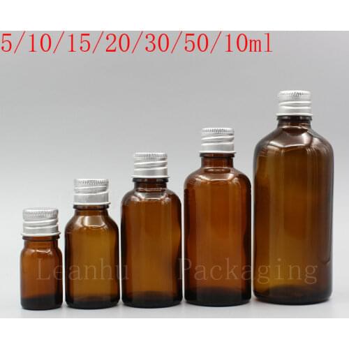 5ml - 100ml Brown Glass Essential Oil Bottle With Silver Aluminum Screw Cap Refillable Amber Glass Cosmetics Packaging Container