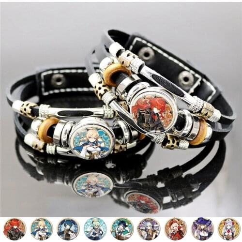 Game Genshin Impact Charm Bracelet Glass Snap Button 7 Elements Cosplay Jewelry Vintage Handmade Punk Leather Bracelet Fashion