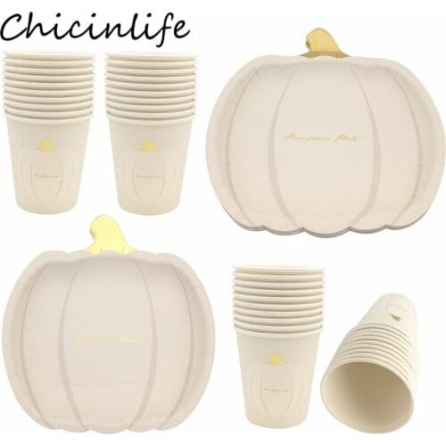 Chicinlife 10Pcs Disposable Tableware Pumpkin Paper Plates Cups Birthday Party Kids Baby Shower Wedding Halloween Decor Supplies