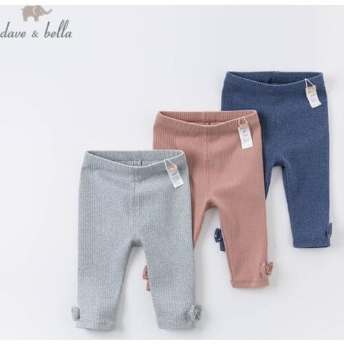 DBJ14383-2 dave bella autumn baby girls fashion bow solid pants children full length kids pants infant toddler trousers
