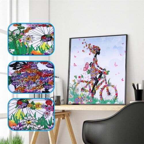 Girl Ride Bike Rhinestones Flower Pictures Special Shaped Diamond Painting Cross Stitch Portrait Diamond Embroidery Wall Art
