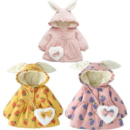 Baby Girl Rabbit Ear Strawberry Winter Warm Cotton Coat Jacket Hooded Outwear comfortable and warm to wear perfect gifts for kid