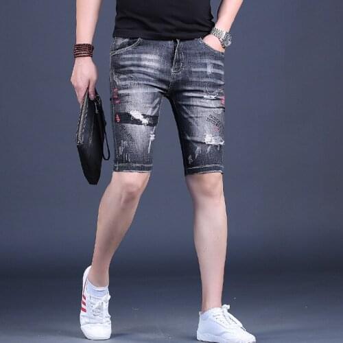 Mens Denim Shorts Fashion Printed Ripped Knee Length Jean Summer Casual Black Gray Slim Fit Straight Short Jeans Male Clothing