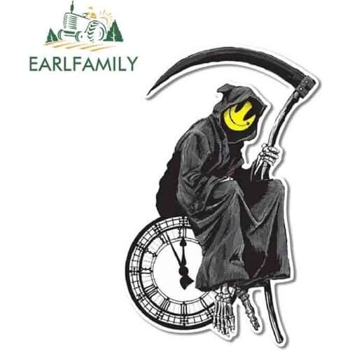 EARLFAMILY 13cm x 8.3cm for Grim Reaper Smiley Death Clock Fine Stickers Vinyl Car Wrap Waterproof Sunscreen Waterproof Decal