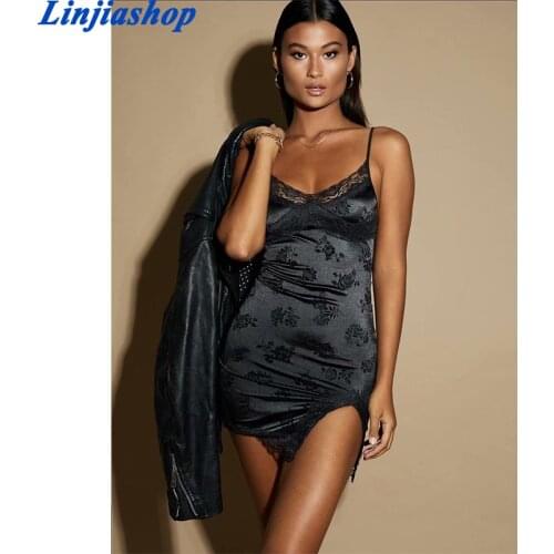 Elegant black mini dress lace up spaghetti straps backless sexy party dress women satin summer femme vestidos