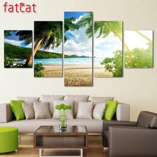 FATCAT Diy Diamond Painting 5 Pieces Beach Palm Tree Group Seascape Needlework full Square Round Diamond Embroidery Sale AE792