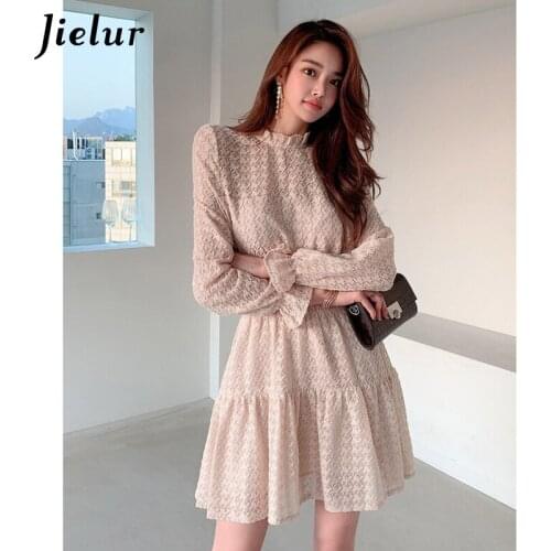 Jielur New Elegant Womens Dress Korean Lace Fashion Sweet Dress A-line High Waist Ladies Dresses Vestidos Female Winter S-XL