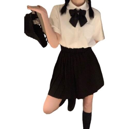 Sweet Girl 2 Piece Japanese JK Mini Skirt Sets Student Bowknot White Shirt&High Waist Loose Pleated Mini Skirt 2pc Dress Outfits