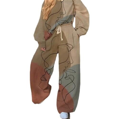 Oversized Tracksuit Women Two Piece Set Autumn Clothing Cartoon Print Pullover Sweatshirt Wide Leg Pants Suits Fashion Outfits