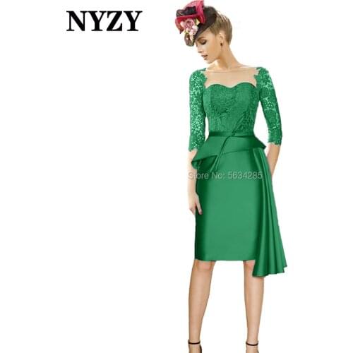 M360F NYZY Lace 3/4 Sleeves Satin Green Mother of the Bride Dresses Short 2021 Wedding Party Dress Cocktail Church Suits