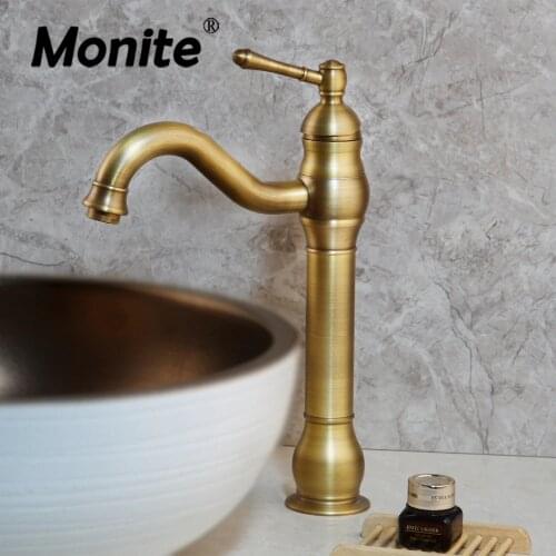 Monite Antique Brass Bathroom Sink Faucet Tall Basin Mixer Tap Solid Brass Deck Mounted Retro Porcelain Ceramic Handle Faucets