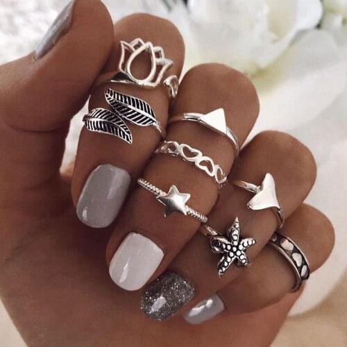 8pcs/set Boho Midi Finger Ring Set Women Vintage Alloy Love Heart Leaf Triangle Stars Joint Rings Party Jewelry