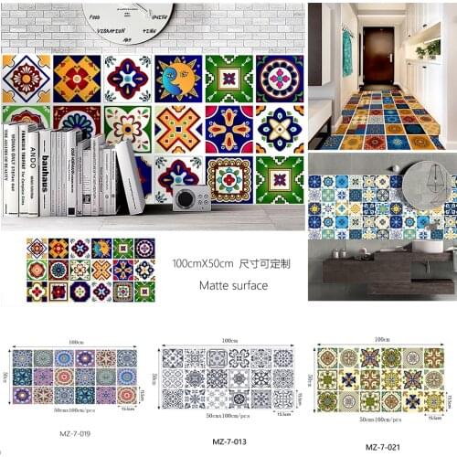 Colorful Floral Pattern Tiles Floor Sticker Kitchen Bathroom Tables Wall Decals Waterproof Peel & Stick Ground Vinyl Wallpaper