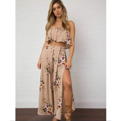 2019 New Vintage Off shoulder print long two piece set pant Women sexy loose chiffon playsuit Summer split beach boho suit set
