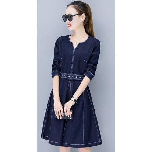 IOQRCJV New Spring Autumn Denim Dresses Women 2019 Fashion High Waist With Belt Jeans Dress Slim Female Denim Dresses Vestidos