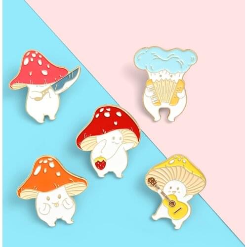Prajna Mushroom Enamel Pin Funny Guitar Accordion Brooches Bag Lapel Pin Cartoon Cute Badge Plant Jewelry Gift for Kids Friends
