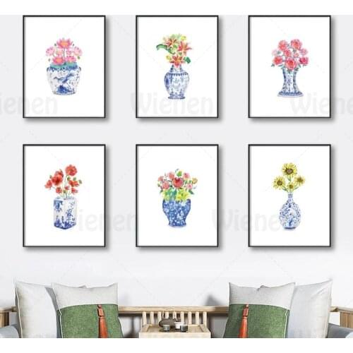 Simple Home Decoration Wall Art Chinese Style Blue and White Porcelain Vase Canvas Painting Hand-Painted Watercolor Poster Print