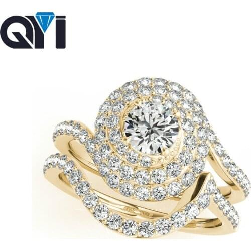 QYI Unique Design 14k Yellow gold Halo Ring sets 1ct Round Cut Simulated Diamond Engagement Wedding Rings For Women