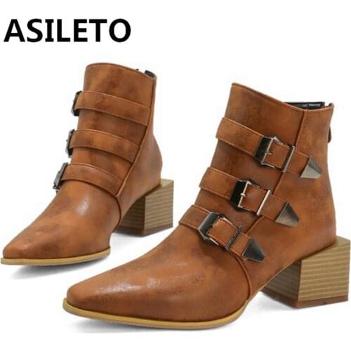 ASILETO Motorcycle Western Cowboy Boots Women Snake PU Leather Short Cossacks High Heels Cowgirl Booties Buckle Ankle botas