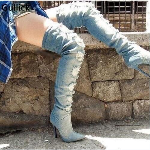 Sexy Blue Denim Over The Knee Boots Pointed Toe Ripped Jeans Tight High Boot Side Zipper High Thin Heel Shoes Woman Hollow Out