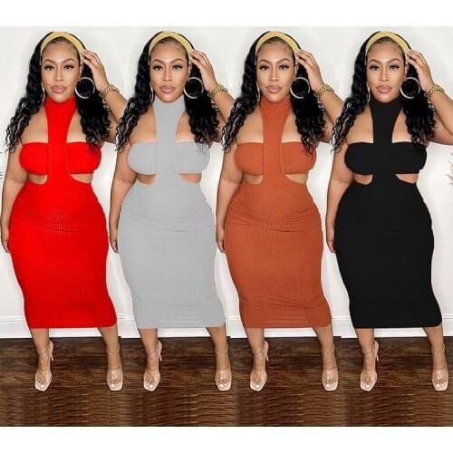 Ribbed Knitted Women Midi Dress Solid Halter Cutout 2021 Summer Workout Active Sexy Backless Bandage Night Club Party Vestidos
