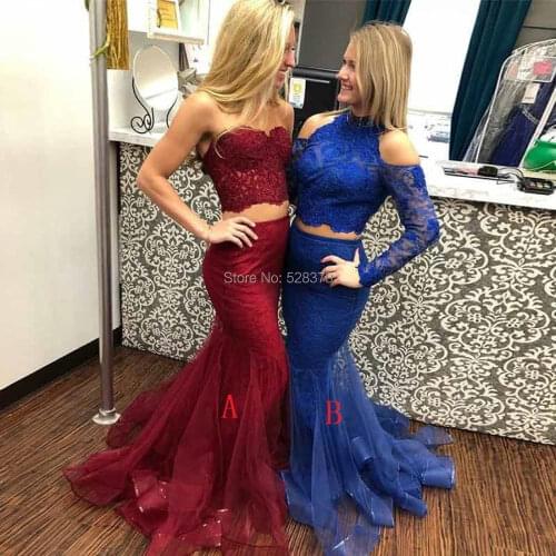 YNQNFS PD79 Halter Off Shoulder Long Sleeve Mermaid 2 Piece Prom Royal Blue Party Gowns Formal Dress Bridesmaid Dresses 2018