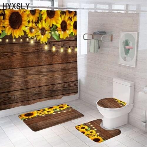 Sunflower Print Shower Curtains Beautiful Flowers 3d Toilet Cover Bath Mat Non-Slip Rug Set Bathroom Curtain with 12 Hooks 4pcs
