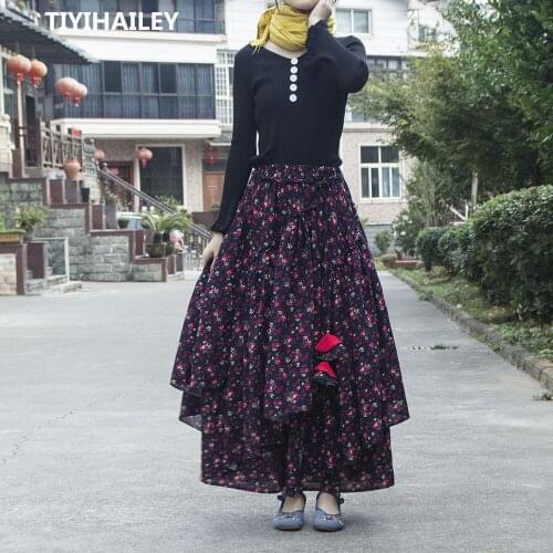 TIYIHAILEY Free Shipping Big Hem Long Maxi A-line Elastic Waist Women Cotton Linen Print Flower S-2XL High Quality Chinese Skirt