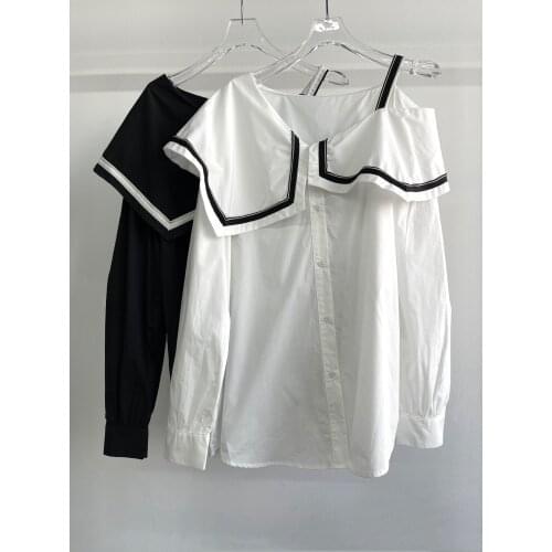 Ladies 2021 fashion new long-sleeved sexy off-the-shoulder navy shirt 0315