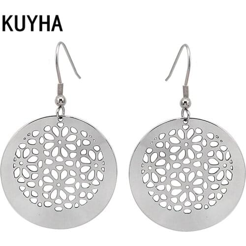 Fashion Silver Color Earrings for Women Long Thin Round Hollow Plant Flower Earring Autumn Winter Style Statement Jewelry