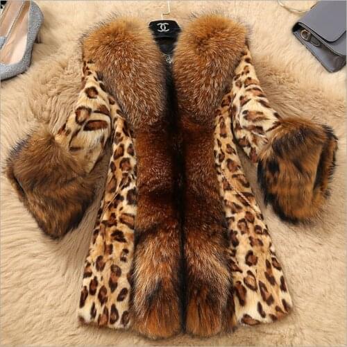 Women Faux Fur Coat Winter Thick Fluffy Imitation Raccoon Fur Collar Warm Outerwear Luxury Jacket Elegant Mujer Leopard Bontjas