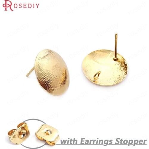 10PCS 15MM 18MM 24K Gold Color Brass Striped Arc Surface Round Stud Earrings Pins High Quality Jewelry Findings Accessories