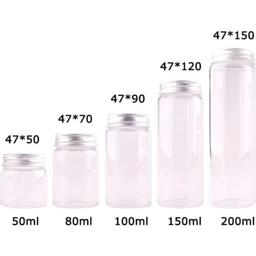12pcs Dia 47mm 50ml/80ml/100ml/150ml/200ml Transparent Glass Spice Bottles Jar Terrarium with Silver Aluminum Lid Wedding Gift